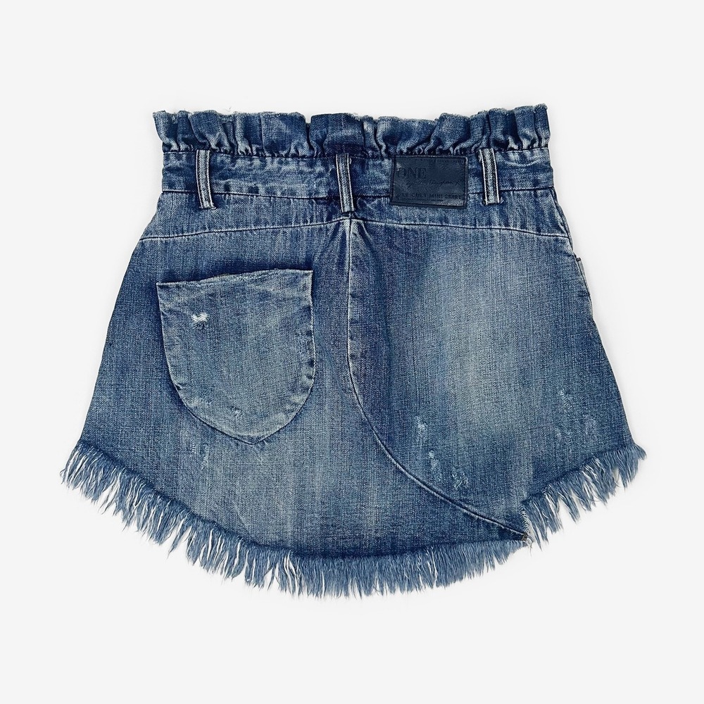 One Teaspoon Le Cult Mini Skirt Size 26 Blue Denim Distressed Paperbag - Picture 2 of 5